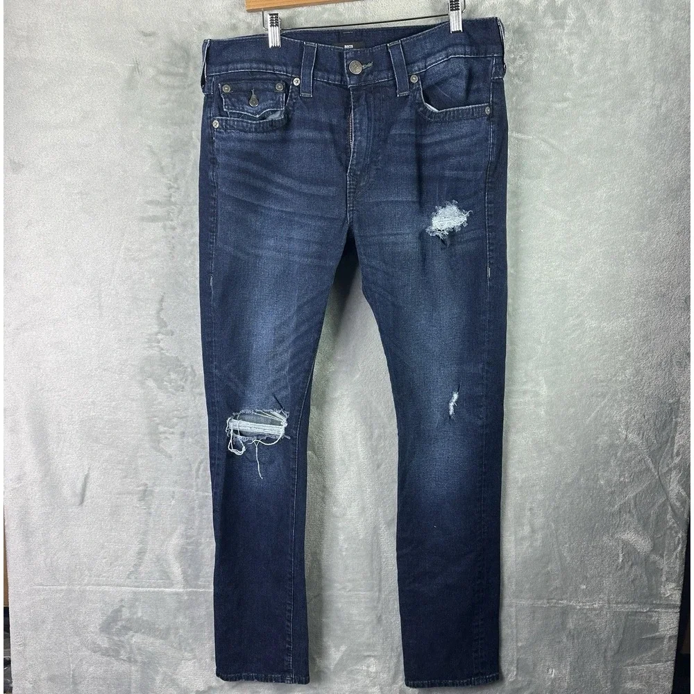 True Religion Rocco Relaxed Skinny Jeans Mens 36 Blue Distressed Stretch Denim